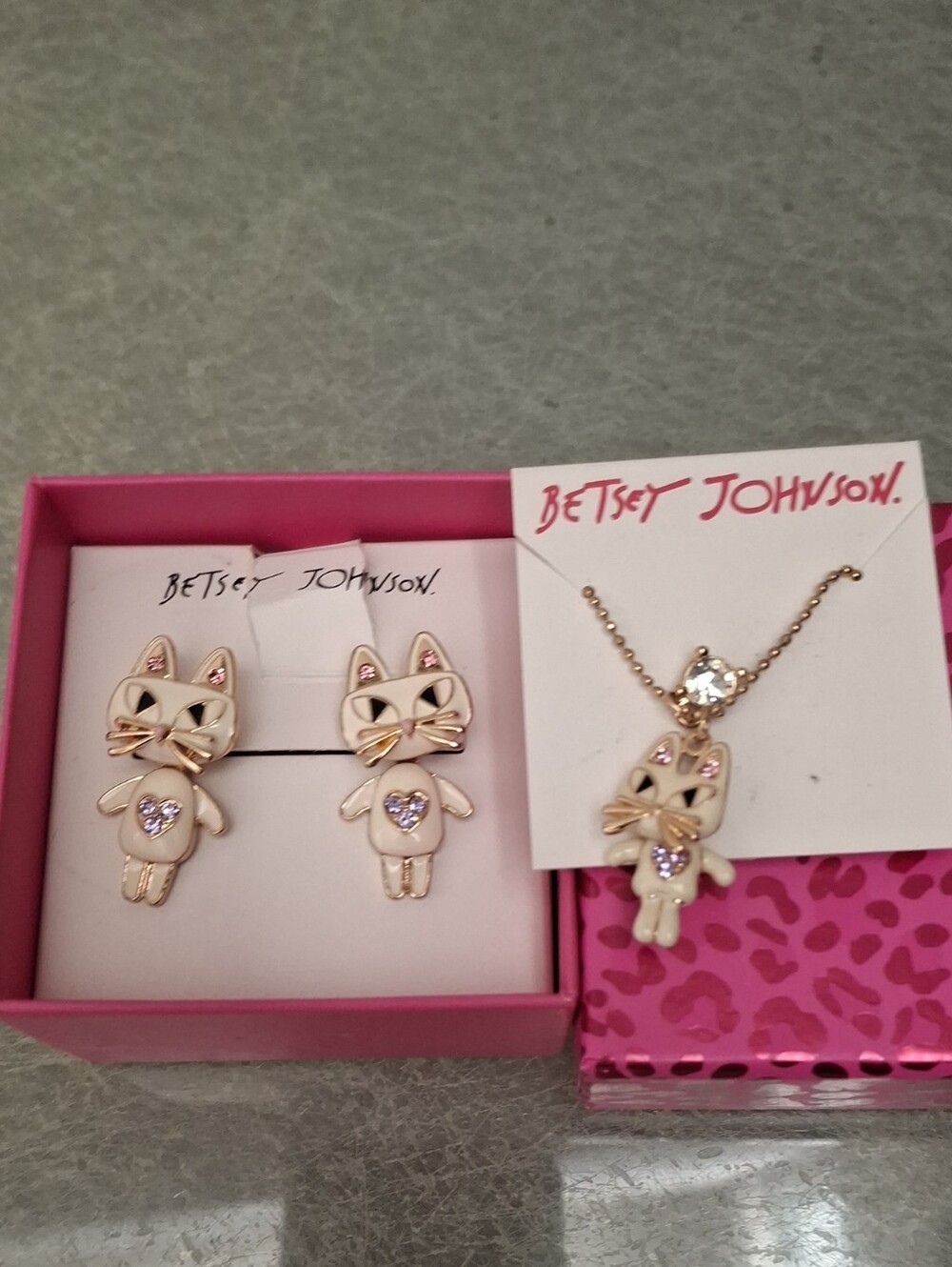 Betsey Johnson Cream & Pink Cat Necklace and Earring Set